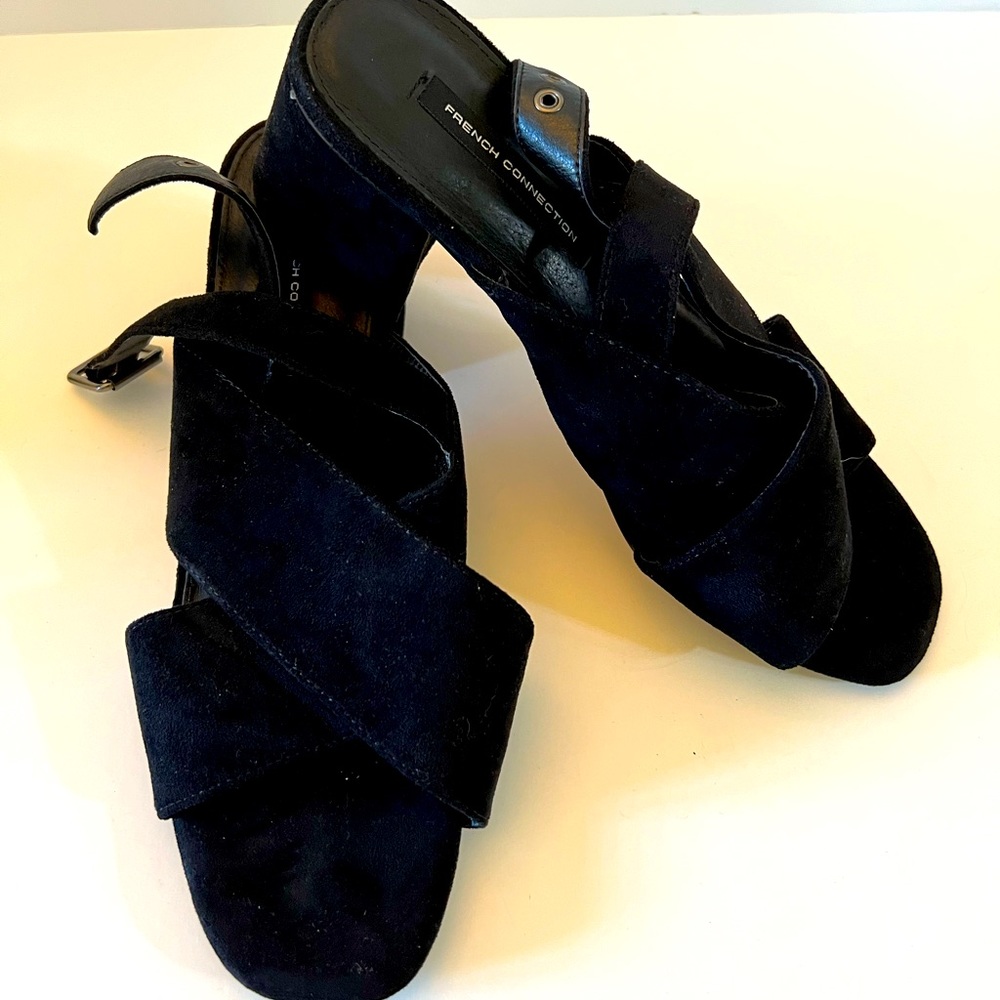 French connection black suede heels, size 9. Worn 1 time
